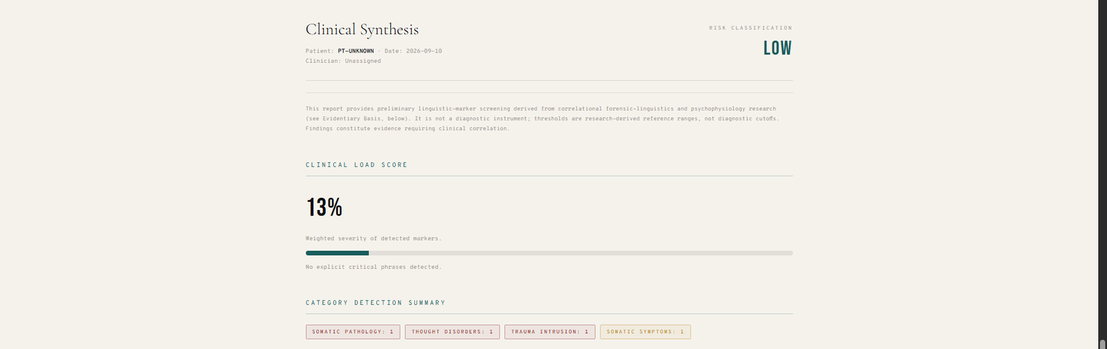 Sample Clinical Synthesis report generated by the Psychopoetics Engine